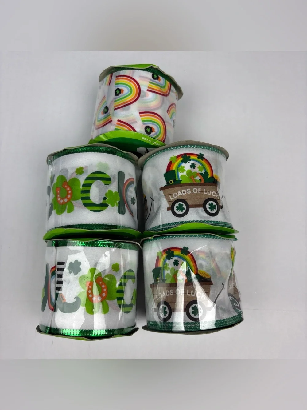 St Patricks Day Ribbon Lot of 5 Lucky Wagon Rainbow Green 2.5in x 144in New Wire